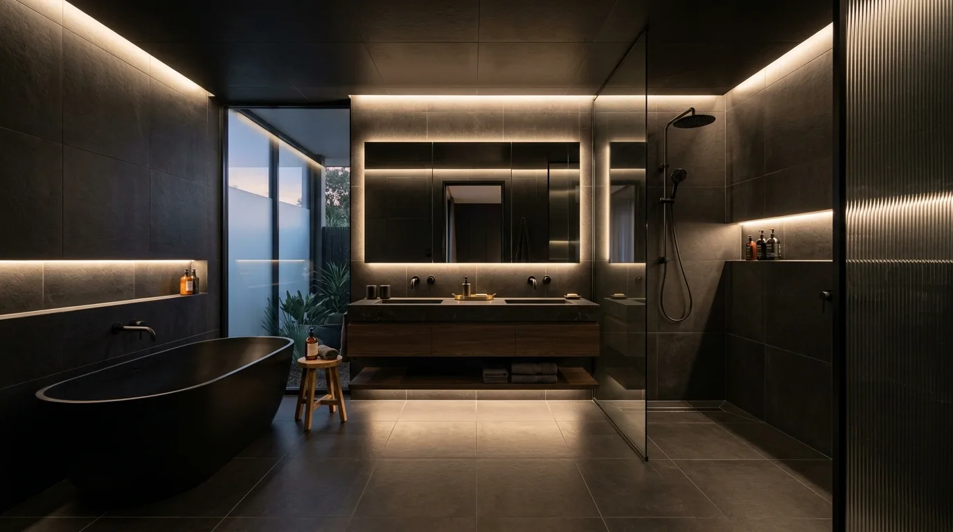 Use floor-to-ceiling tile for full immersion inspiration for a black bathroom.